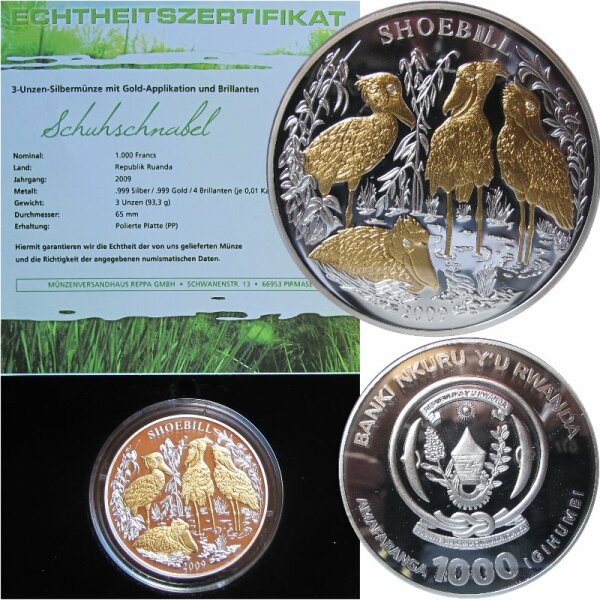 Ruanda 3 OZ 2009 Schuhschnabel / Shoebill Silber proof
