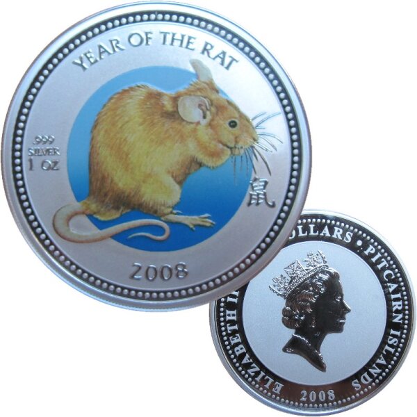 Pitcairn Islands 2 Dollars 2008 Year of the Rat - 1 OZ Silber