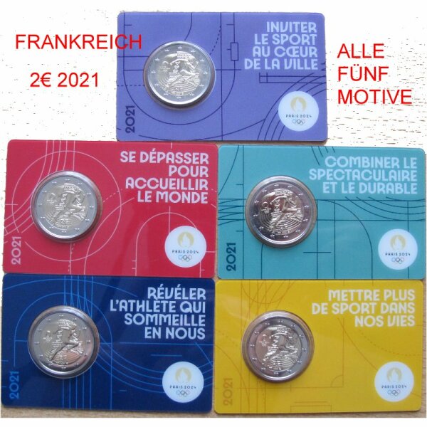 Frankreich 2 Euro 2021 Olympische Fahne - alle 5 Motive