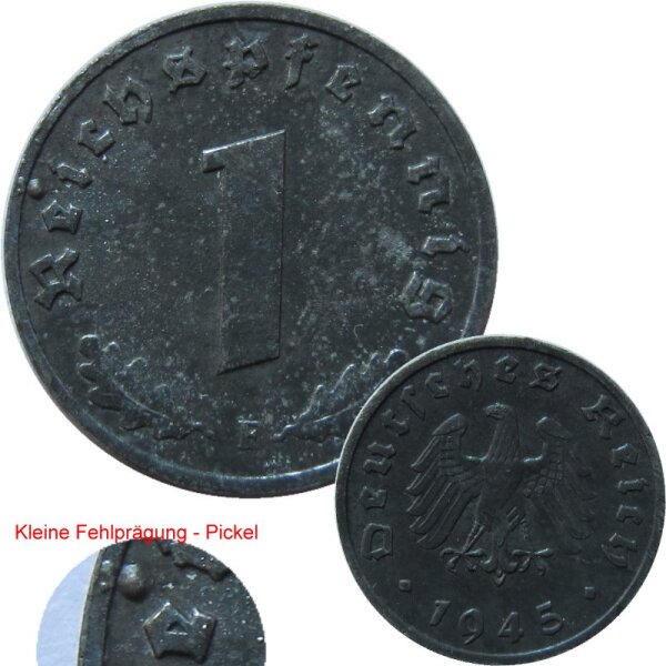 1 Reichspfennig 1945 F Alliierte Besatzung J. 373 Fehlprägung Pickel