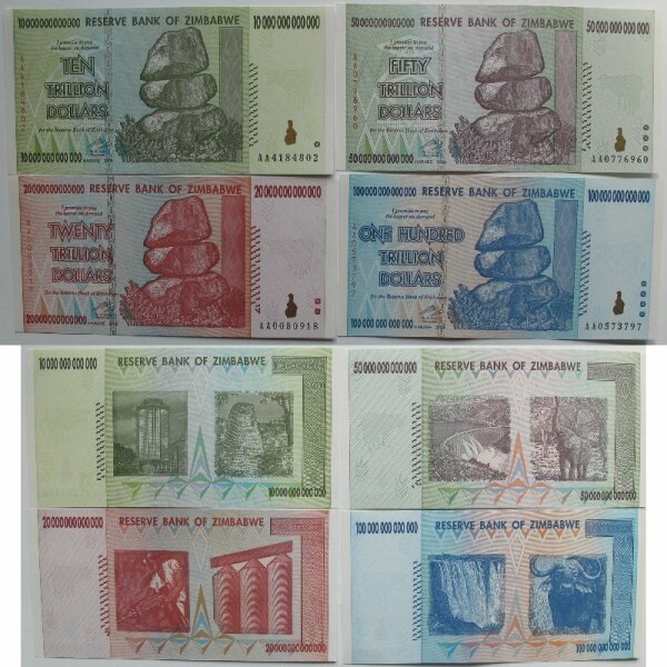 Zimbabwe 4 Banknoten 10 + 20 + 50 + 100 Trillion Dollar 2008 P. 88-91 Simbabwe