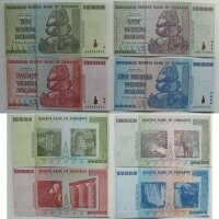 Zimbabwe 4 Banknoten 10 + 20 + 50 + 100 Trillion Dollar...