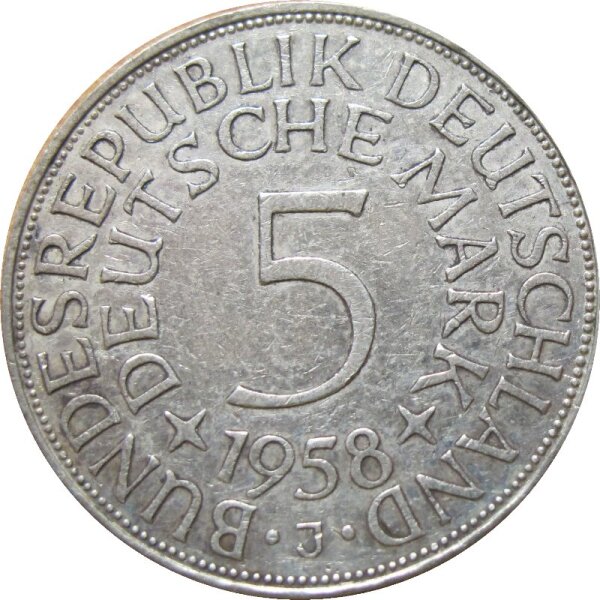 Deutschland 5 DM Silberadler 1958 J selten J. 387