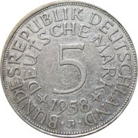 Deutschland 5 DM Silberadler 1958 J selten J. 387