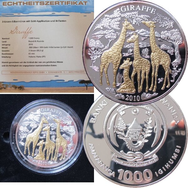 Ruanda 1000 Francs 2010 - 3 OZ Silber Giraffe proof
