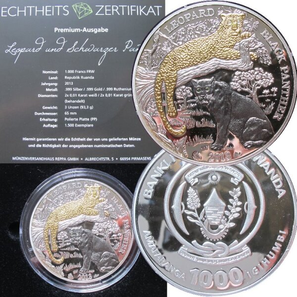 Ruanda 1000 Francs 2013 - 3 OZ Silber Leopard / Black Panther proof