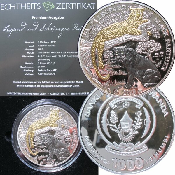 Ruanda 3 OZ 2013 Leopard / Black Panther Silber proof