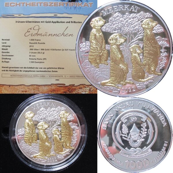 Ruanda 1000 Francs 2012 - 3 OZ Silber Erdmännchen / Meerkat proof