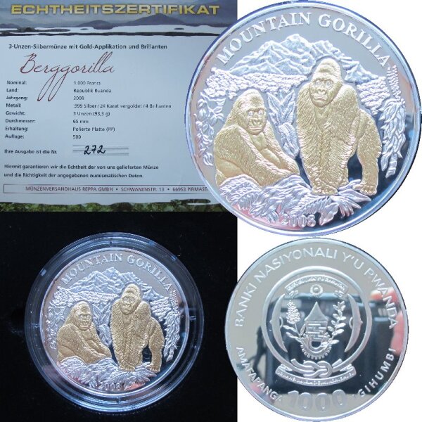 Ruanda 1000 Francs 2008 - 3 OZ Silber Gorilla / Berggorilla proof