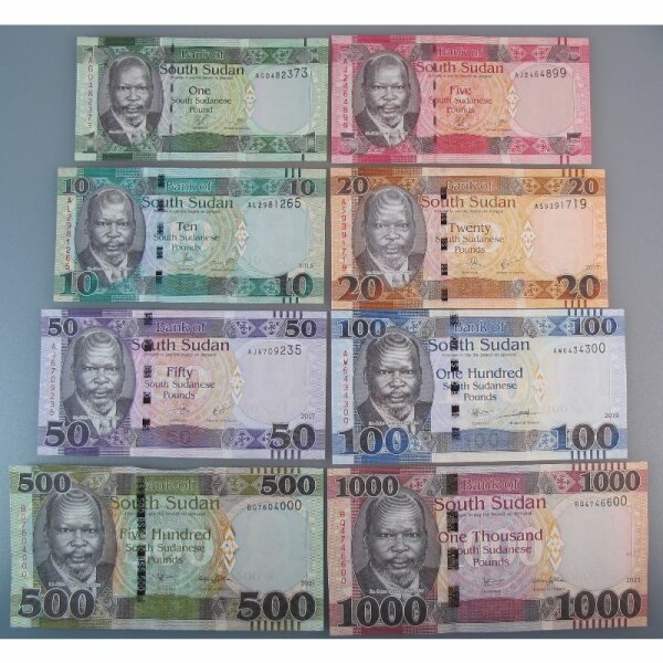 Südsudan 8 Banknoten Set 1 bis 1.000 Pounds 2011 / 2021 aUNC