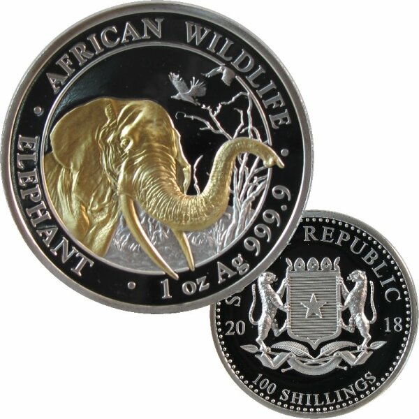 Somalia 1 OZ Elefant 2018 Silber PP High Relief Gold plated