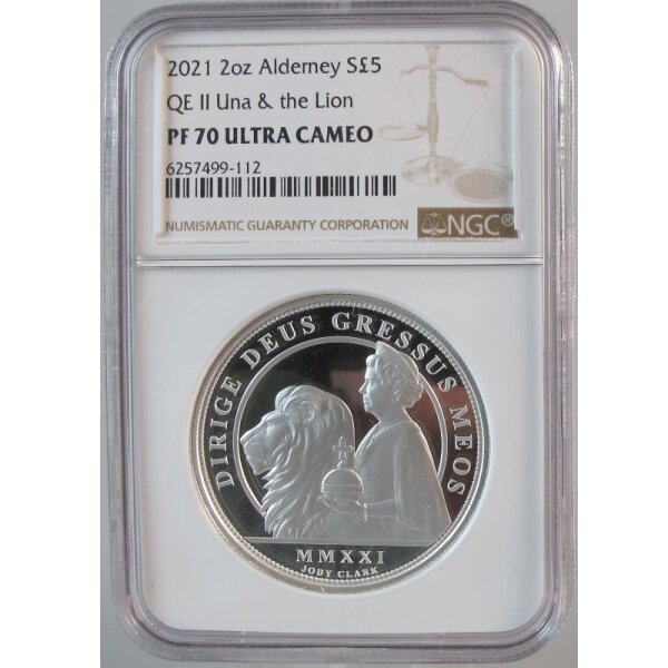 Alderney 5 Pounds 2021 Una and the Lion - 2 OZ Silber NGC