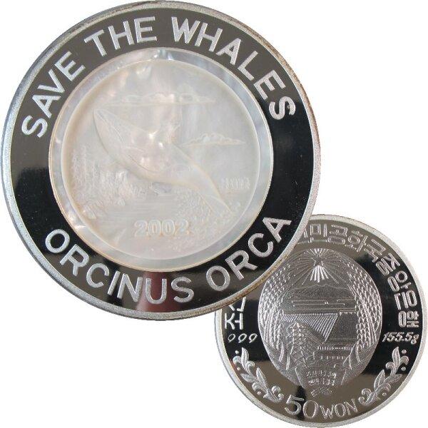 Korea 50 Won 2002 Schwertwal / Orcinus Orca Perlmutt - 5 OZ Silber