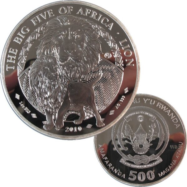 Ruanda 500 Francs 2010 - 1 OZ Silber - The Big Five - Löwe PP