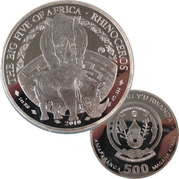 Ruanda 500 Francs 2010 - 1 OZ Silber - The Big Five - Nashorn PP