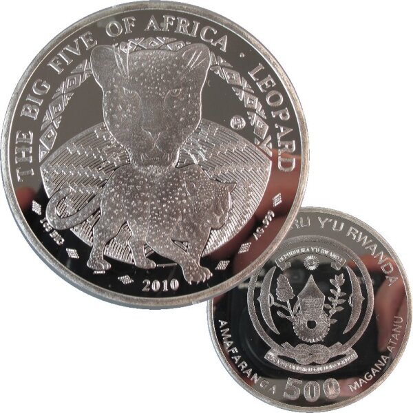 Ruanda 500 Francs 2010 - 1 OZ Silber - The Big Five - Leopard PP